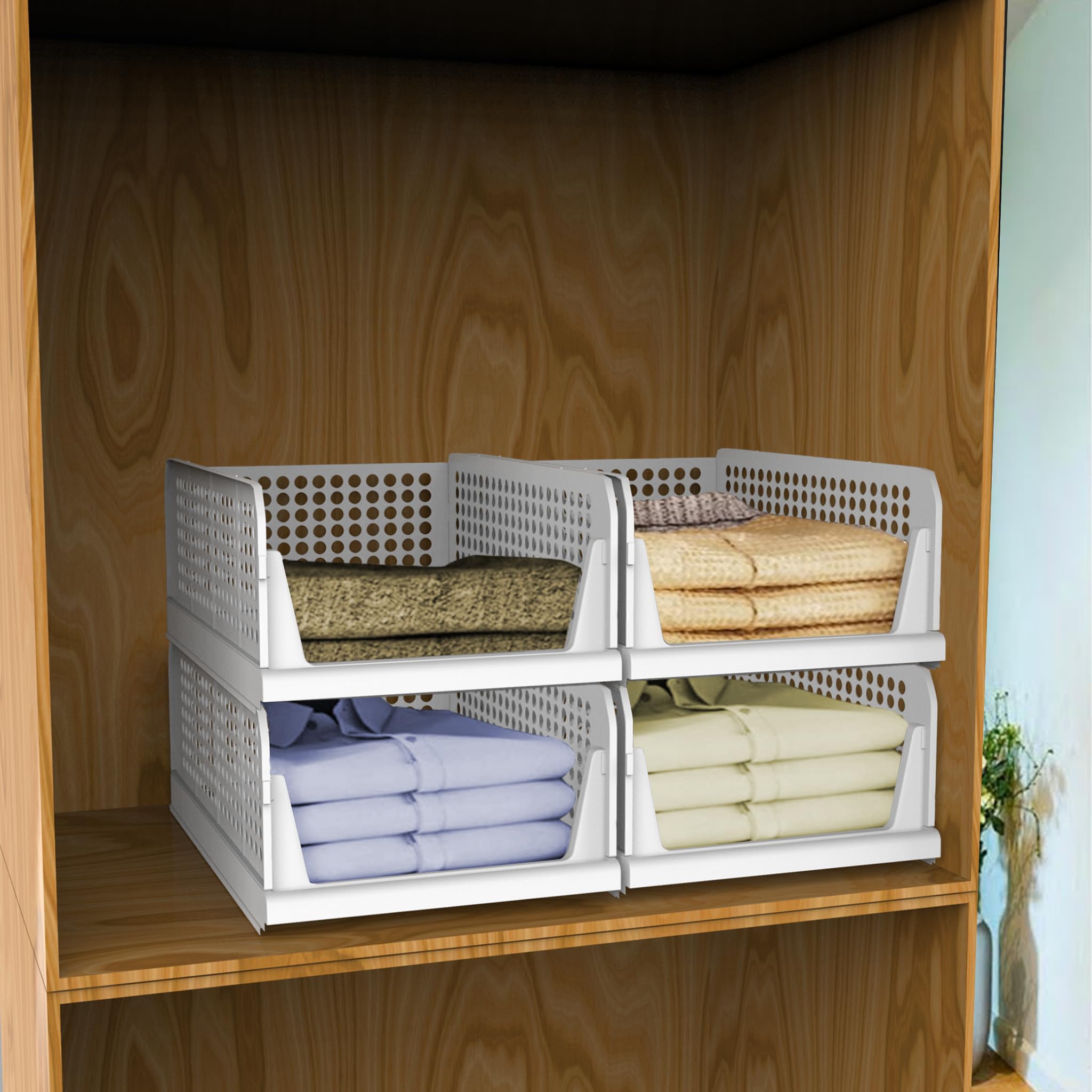 HomeStrap Set of 4, Stack it Up | Large Cloth Stacker | Foldable Shirt Storage Stacker for Wardrobe | Plastic Stackable Closet Organizer | White | 34L x 44W x 19H Centimeters