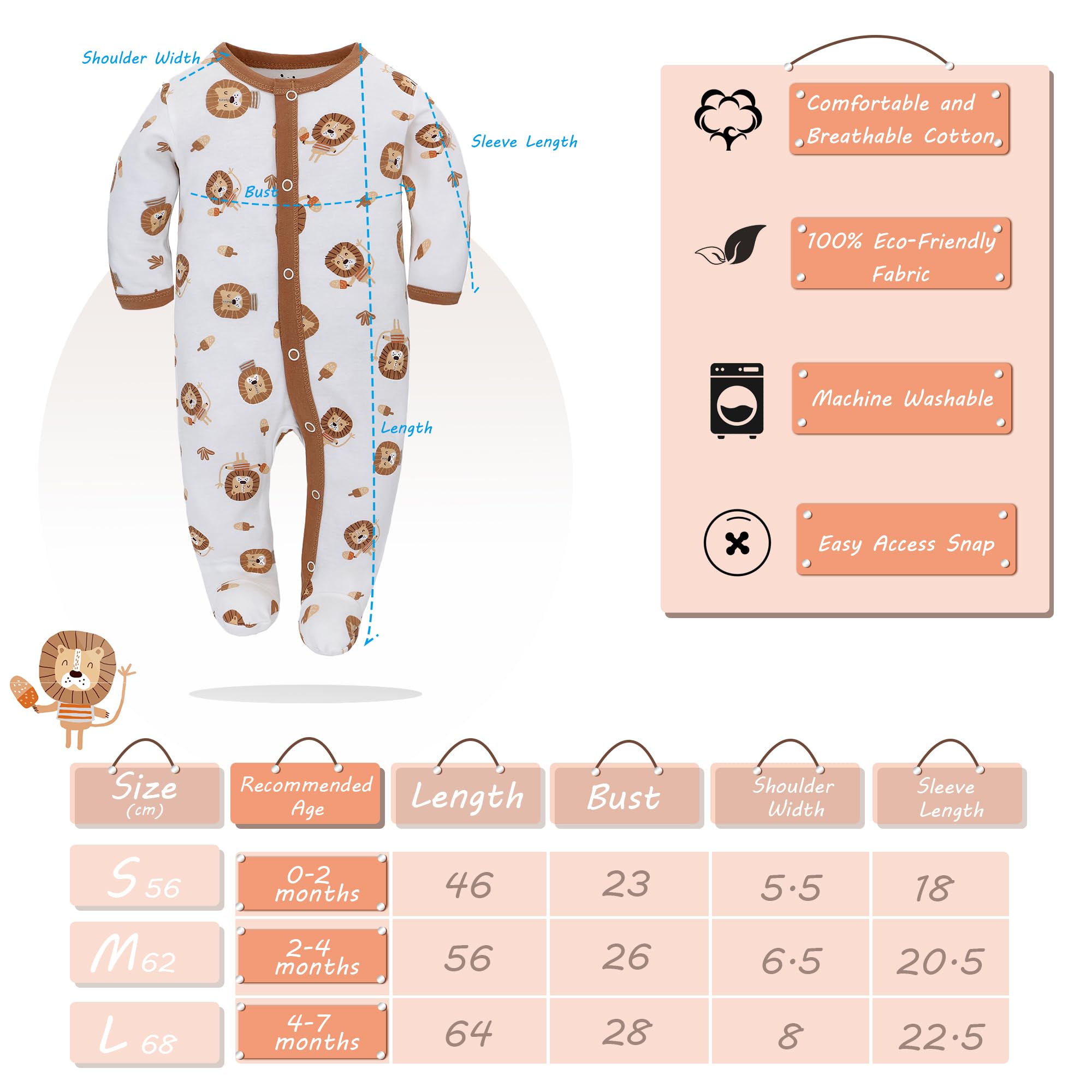 Miracle Baby 3 pièces bébé barboteuses bébé pyjama sac de couchage en coton avec pieds avec boutons Gr. 56 62 68 pour nouveau-né filles Garçon