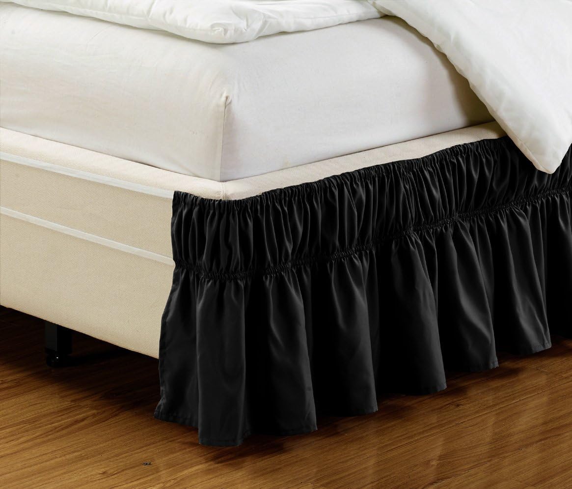 All Season Easy Fit Black Bed Ruffle Wrap Around Elastic Bed Skirt Queen/King 14" Drop