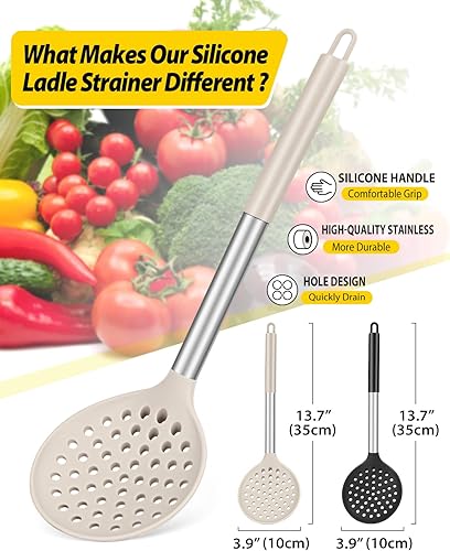 Miniatura 2 de Juego de 2 cucharones de cocina con ranuras grandes y resistentes al calor, sin BPA, antiadherentes, para escurrir y freír (negro, caqui)
