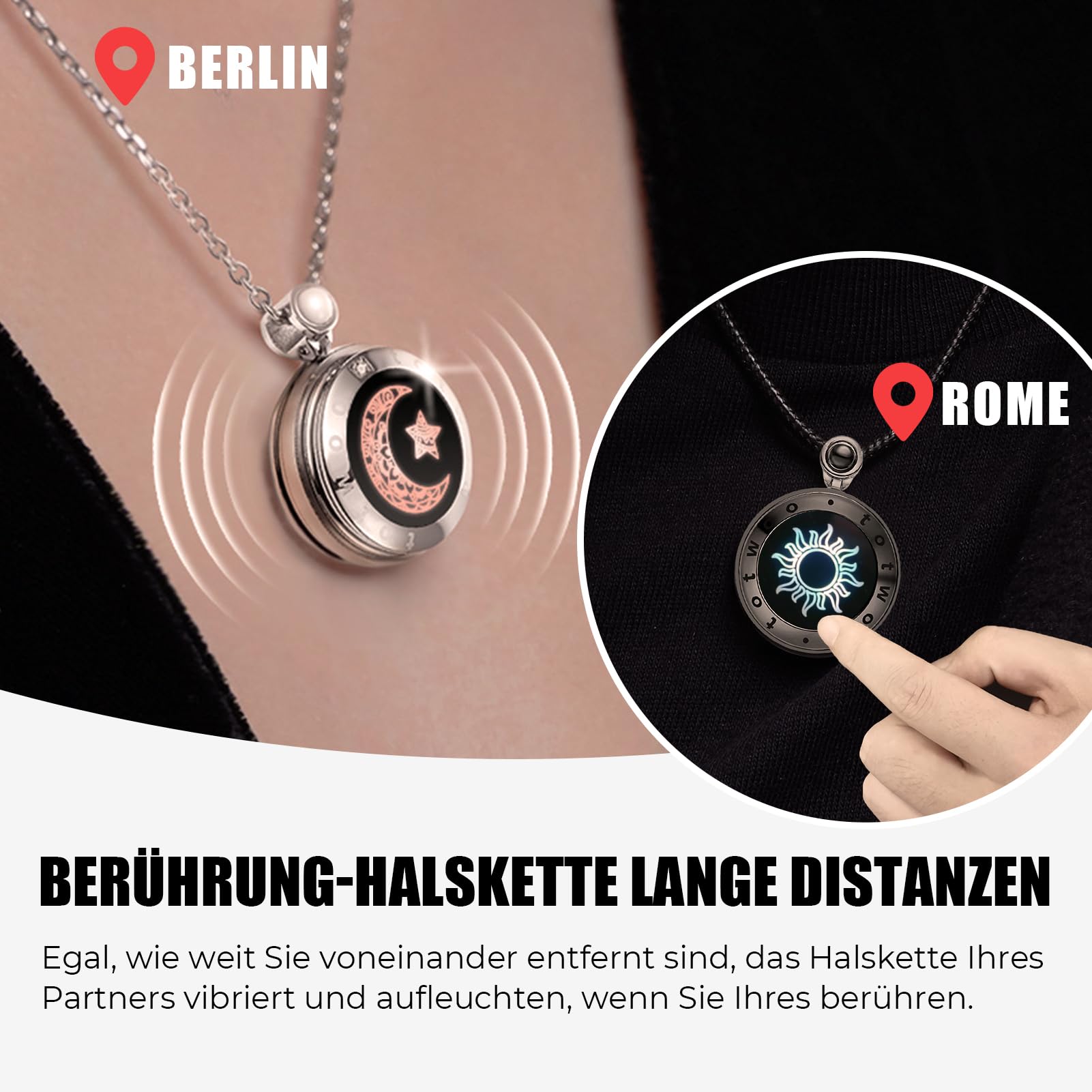 TOTWOO 2 Stück Pärchen Halskette mit Bluetooth-Kopplung für Herren/Damen/Paare Ketten für sie und ihn Fernbeziehungs Geschenke Freundschaftskette Männer Kette Intelligente Verbindung Vibration Schmuck