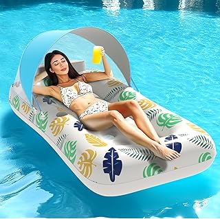 Inflatable Adult Pool Floats with Canopy 70 Inch Giant Swimming Pool Lounger Raft with Cup Holder & UV-Resistant Heavy-Duty Adults Floaties for Beach Lake Pool Parties Summer Travel Accessories