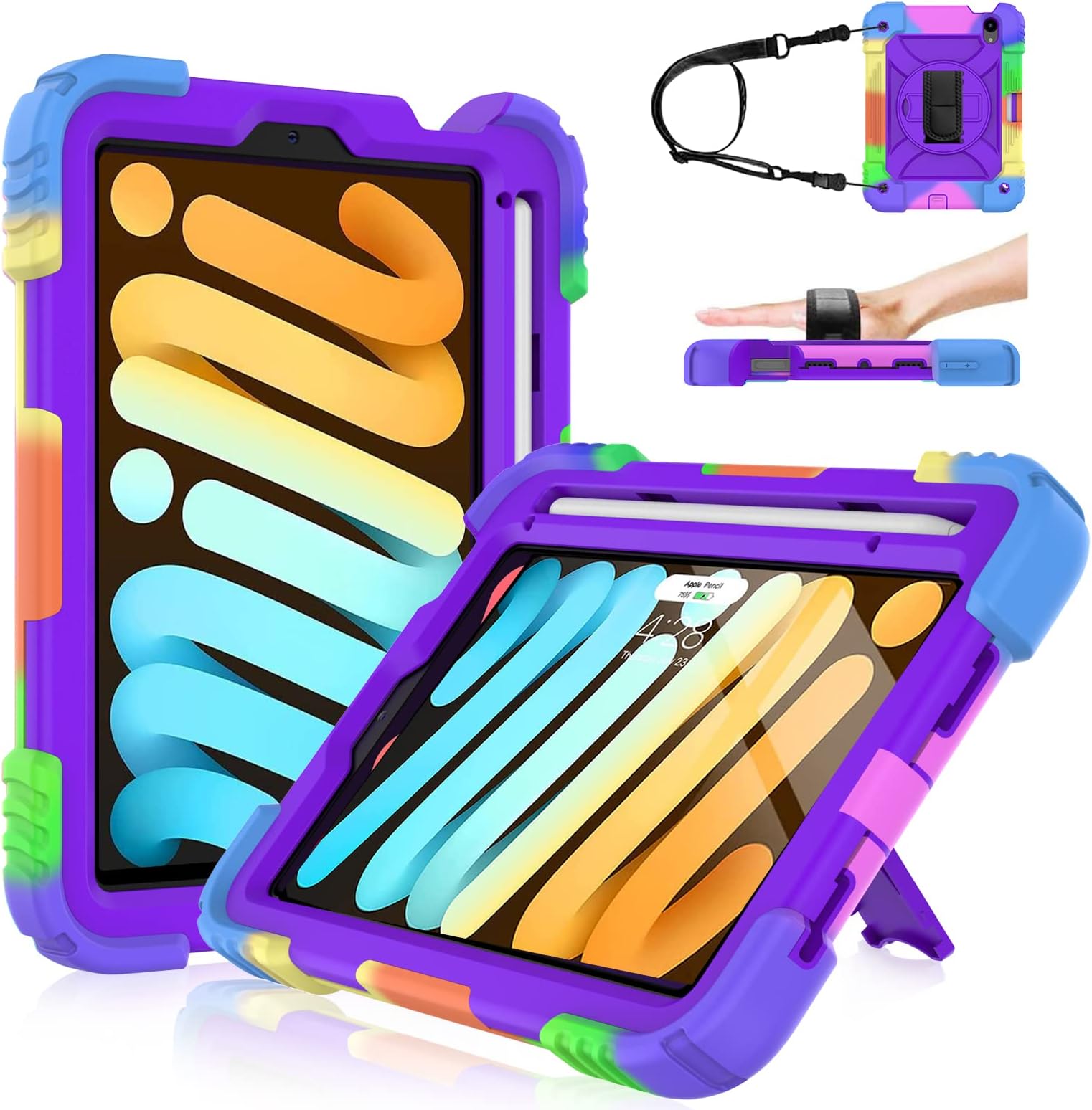 LTROP iPad Mini 6 Case 2021, iPad Mini 6th Generation Case for Kids, Heavy Duty Shockproof Cover with Pencil Holder/360 Rotating Stand/Hand Strap for iPad Mini 6th Generation 8.3 Inch 2021, Purple