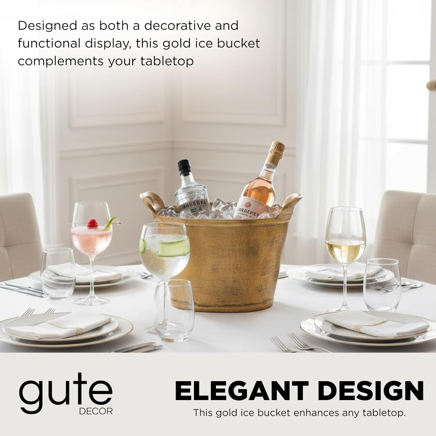 Solid Bronze Gold 12-Quart Double-Walled Insulated Ice Bucket & Champagne Cooler (13.4" x 9.45") | Premium Modern Barware Accessory Beverage Tub Wine, Beer, Drinks, Parties, Celebrations, Entertaining