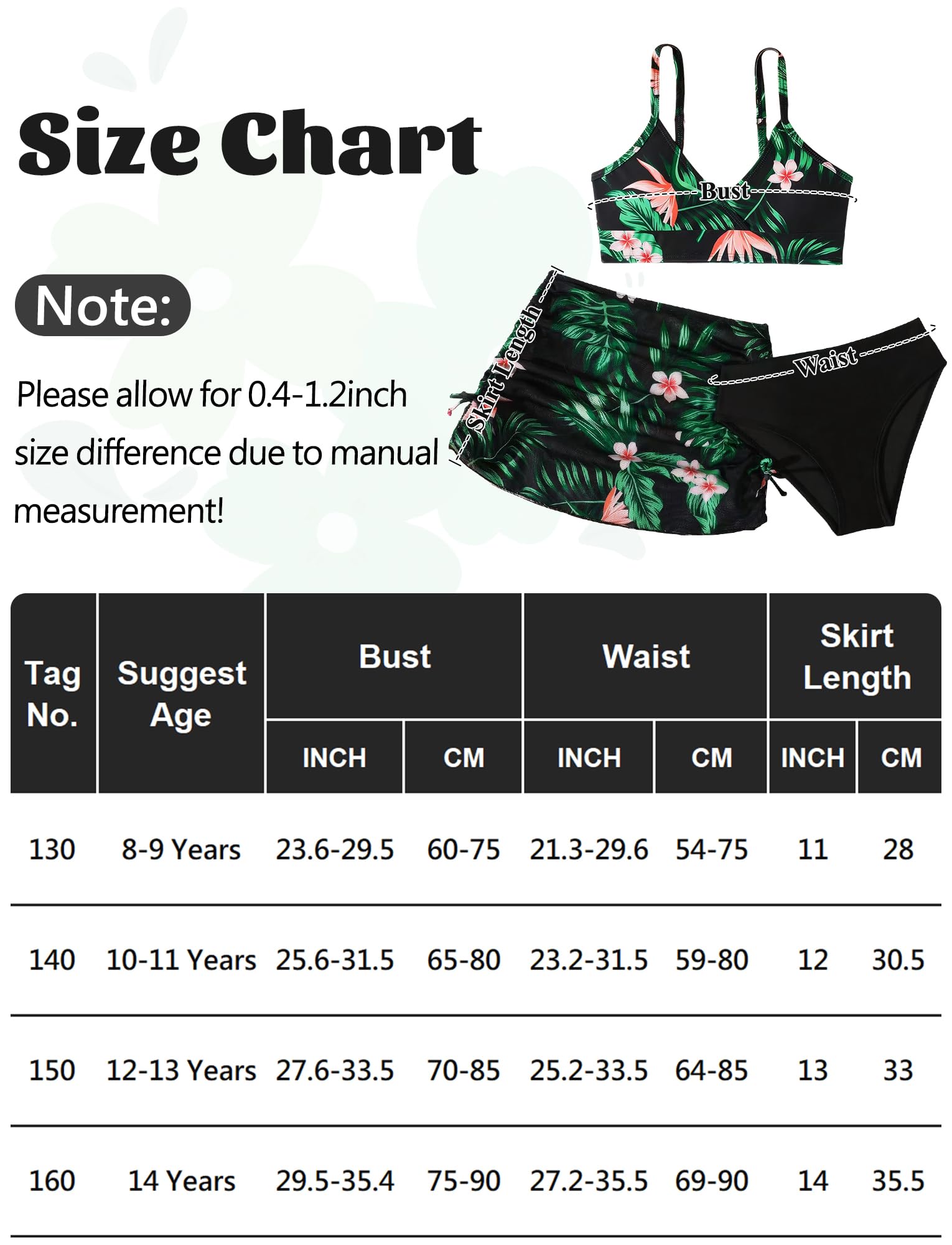 SEAUR Fille Ensemble Bikini avec Jupe 3 Pièces Maillot de Bain Mode Imprimé Bikini Set Enfant Été Plage Piscine 120-170