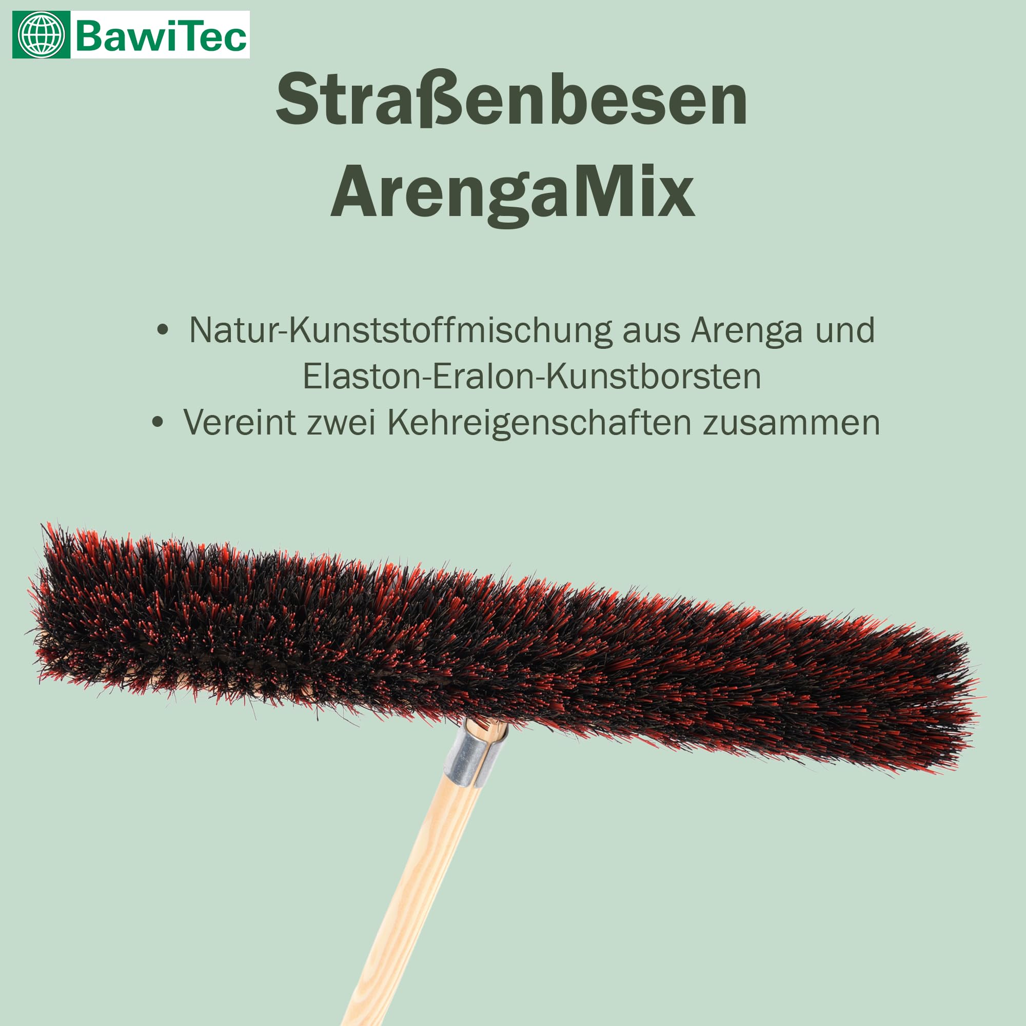 BawiTec Spezialbesen Arenga-Elaston-Borsten-Mix Breite 60cm inkl. stabilem Holzstiel Ø28mm Länge 160cm, Straßenbesen Kehrbesen Besen mit Stiel und Metall-Stielhalterung verschraubt Arengabesen