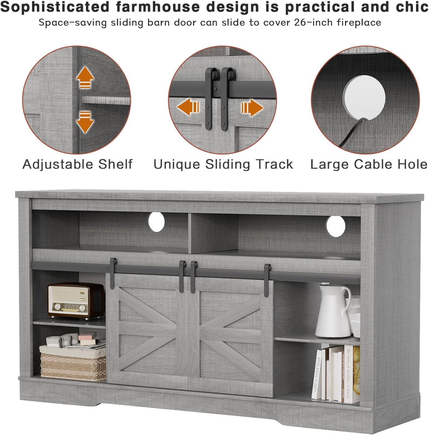 YESHOMY TV Stand with fireplace removed, showing internal storage and cable management holes.