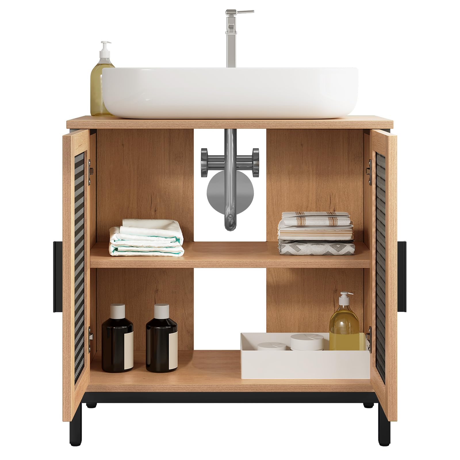 eSituro Mobile da Bagno Sottolavabo Industriale, Armadietto da Bagno con 2 Scomparti, Ante a Rete e Maniglie in Metallo, Gambe Rialzate, Rovere Chiaro e Nero, in Legno e Metallo, 60x30x60cm