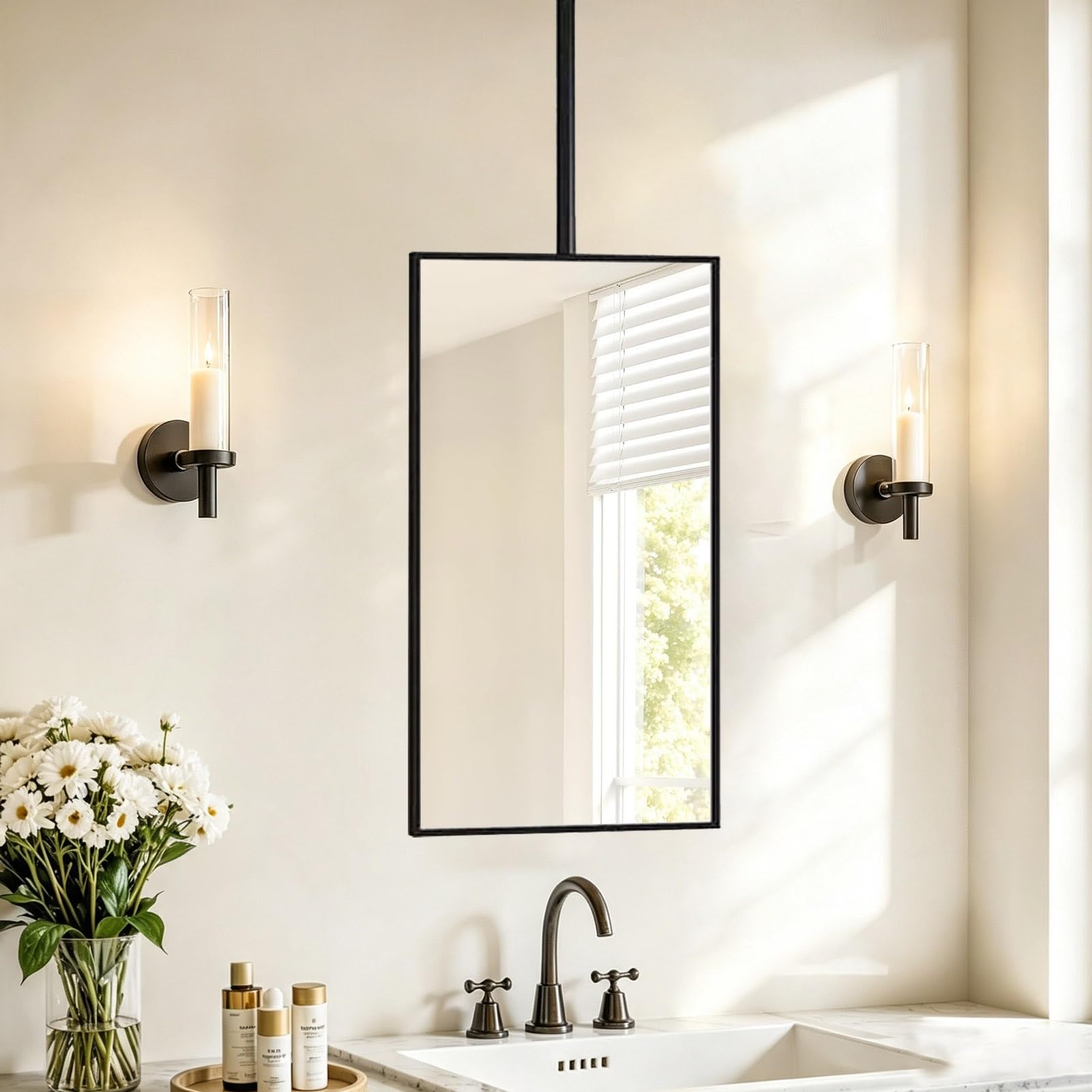 Specchio da bagno per trucco con asta sospesa a soffitto, specchio da parete rettangolare con specchio decorativo con cornice in metallo, per soggiorno, camera da letto, guardaroba(A,40cmx60cm)