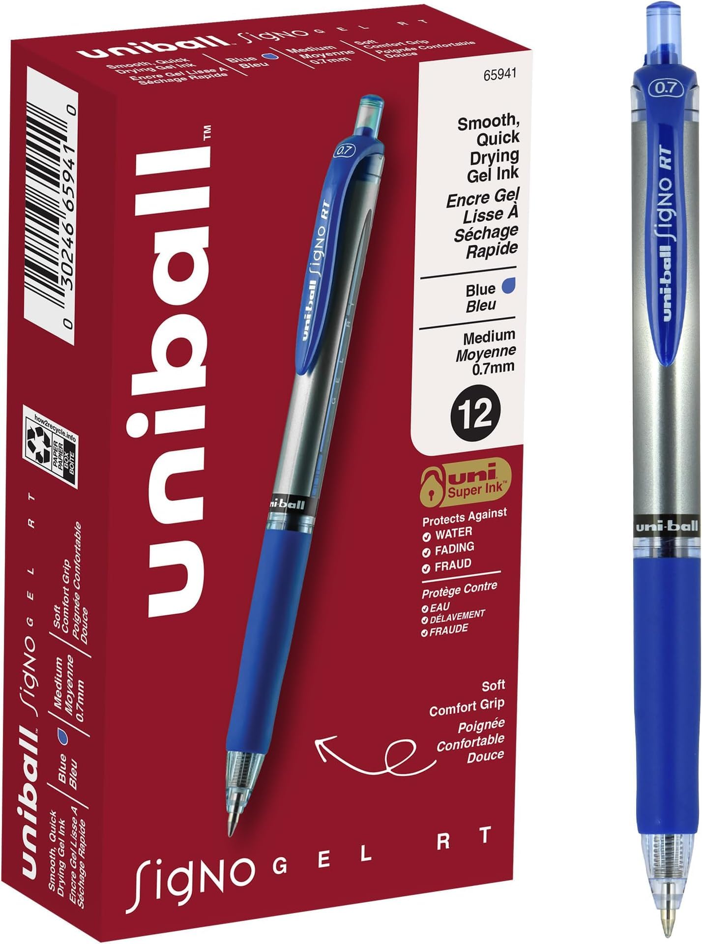uniball Signo Gel Pen, Retractable, Medium 0.7 Mm, Blue Ink, Blue/metallic Accents Barrel, Dozen (Pack of 144)