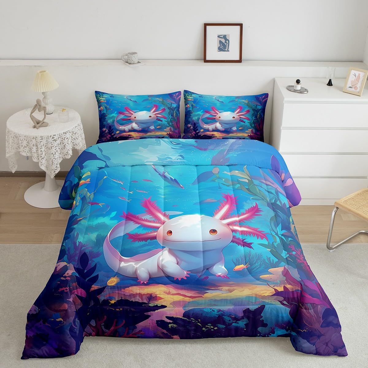 Erosebridal Cute Axolotl Bedding Set for Kids Boys Girls Bedroom,Cartoon Salamander Down Comforter Underwater World Queen Comforter Set Kawaii Ocean Animal Quilt Set