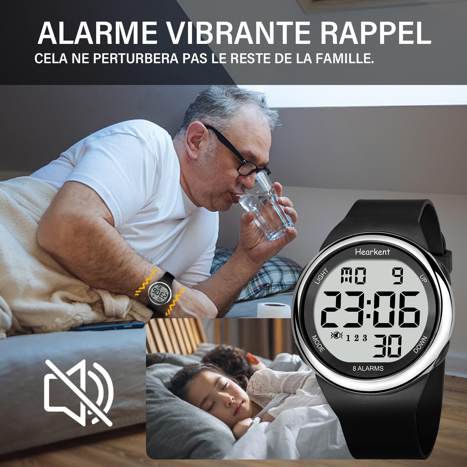 Hearkent 8 Alarmes Vibrantes Montre Rappel, Gros Chiffres | Montre Alarme Vibrante pour Rappels Médicaments, Travail, Sport, Sommei, 50M Étanche, EL Rétroéclairage, 12/24 Heures Format