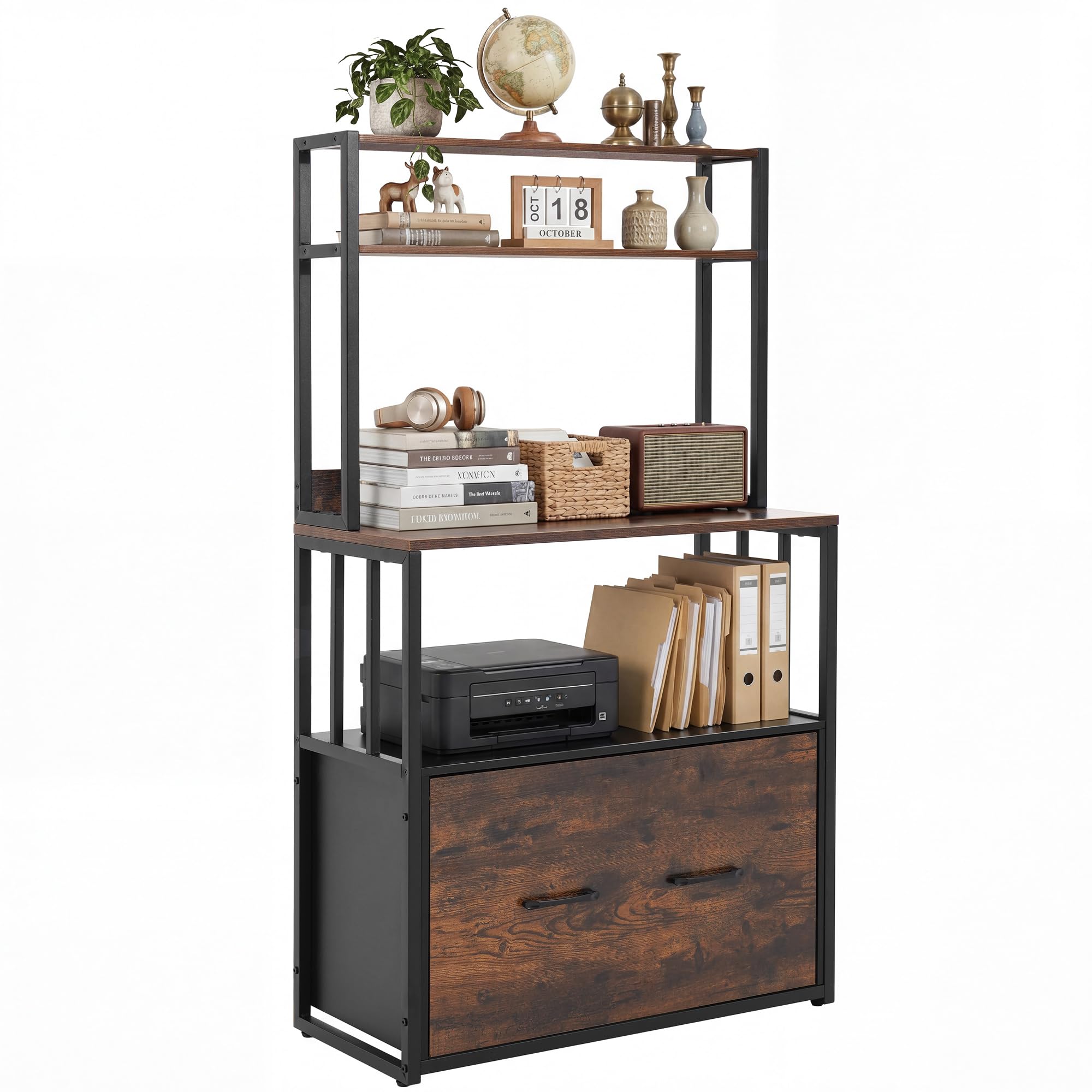 YITAHOME Filing Cabinet with Drawer, File Cabinet with Bookshelf for A4, Letter, Legal Files, Metal Storage Cabinet Printer Stand for Office School Home Organization, Rustic Brown
