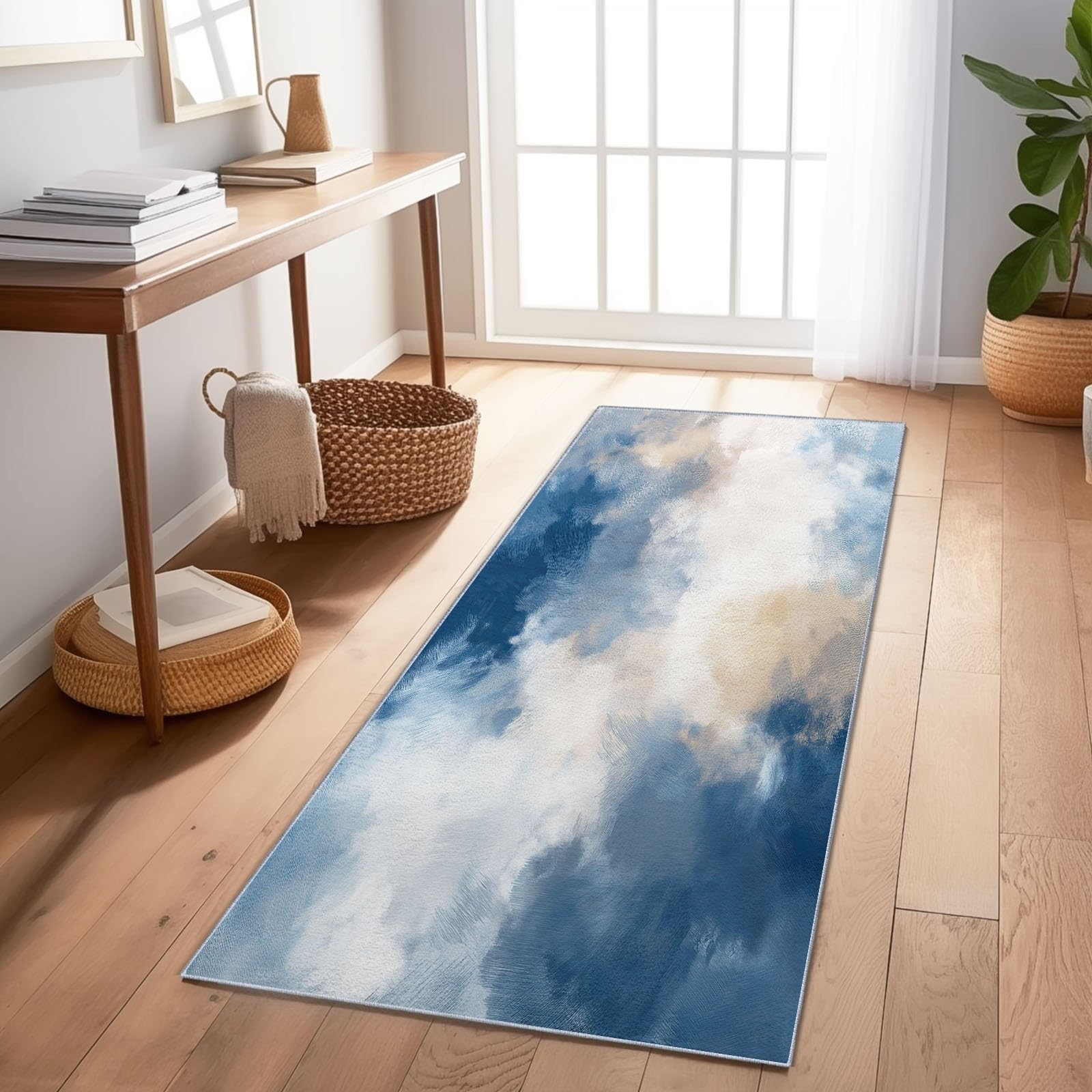 Długi dywanik do przedpokoju 65 x 240 cm, krótkie włosie antypoślizgowy dywan do drzwi pralni, abstrakcyjny akwarela tie-dye kolorowe klocki długie miękkie wejście do wnętrz sypialni i salonu