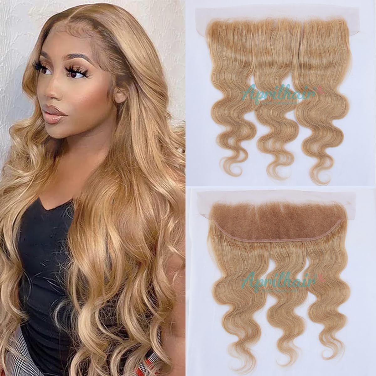 Aprilhair 8A Pre Plucked Lace Frontal #27 Honey Blonde Brazilian Virgin Human Hair Body Wave Ear to Ear 13x4 Lace Frontal Closure (16Inch, 13x4 Lace
