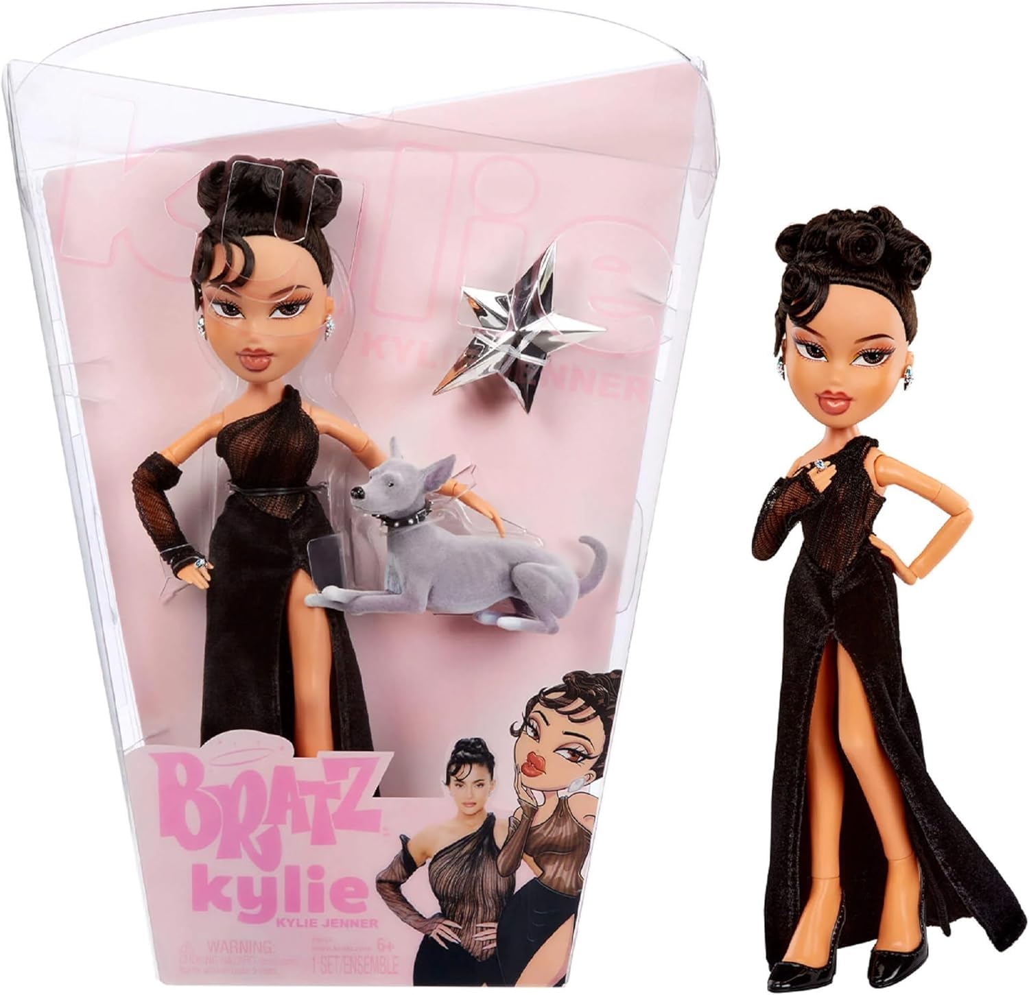 x Kylie Jenner - Night Fashion Doll - Collectible Doll with Evening Gown, Pet Dog, and Poster - For Kids and Collectors Ages 6+ Years, Black