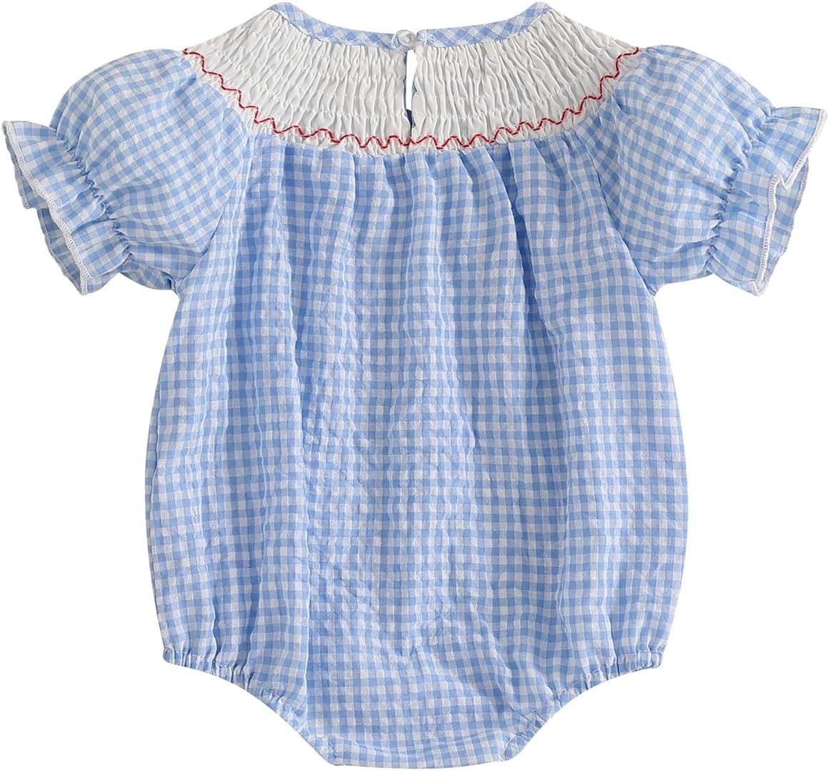 Baby Girl Smocked Western Romper Short Sleeve Bubble Rompers Summer Clothes Plaid Print Embroidery Bow Bodysuit Tops - Image 2