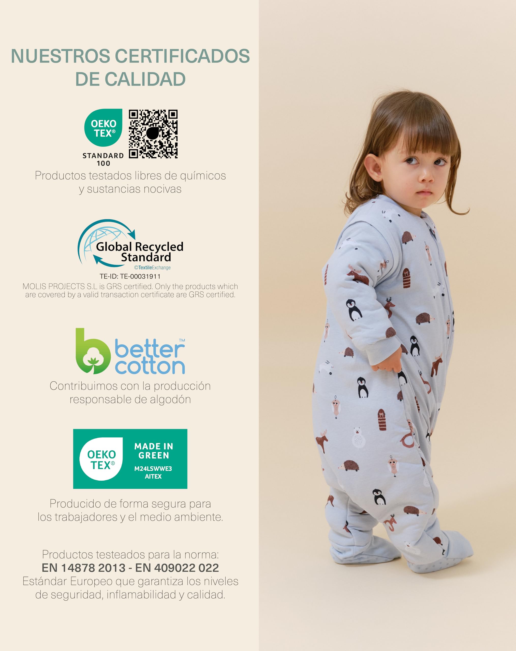 molis&co. Pijama Manta con Mangas Desmontables, Calcetines Antideslizantes, TOG 2.5 Estampado Winter Animals, Algodón 100%, Oeko-Tex 100 Certificado, 1 año — view 6