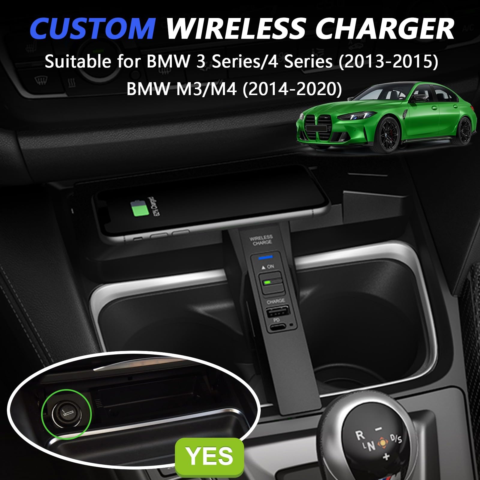 Kabelloses Auto Ladegerät für BMW 3 Series 4 Series 2013-2015, für BMW M3 M4 2014-2020, OEM-Passform mit 27W USB-A & Type-C Schnellladendes Handy-Ladegerät für BMW F30 F32 F80 F82 Zubehör