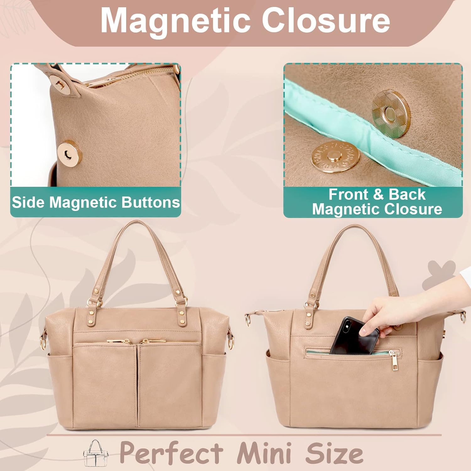 MOMINSIDE Small Diaper Bag, Mini Diaper Tote, Leather Diaper Bag Purse, Crossbody Baby Bag with 13 Pockets, Diaper Clutch for Women Mom, 2 Insulated Pockets(Camel) - Image 5