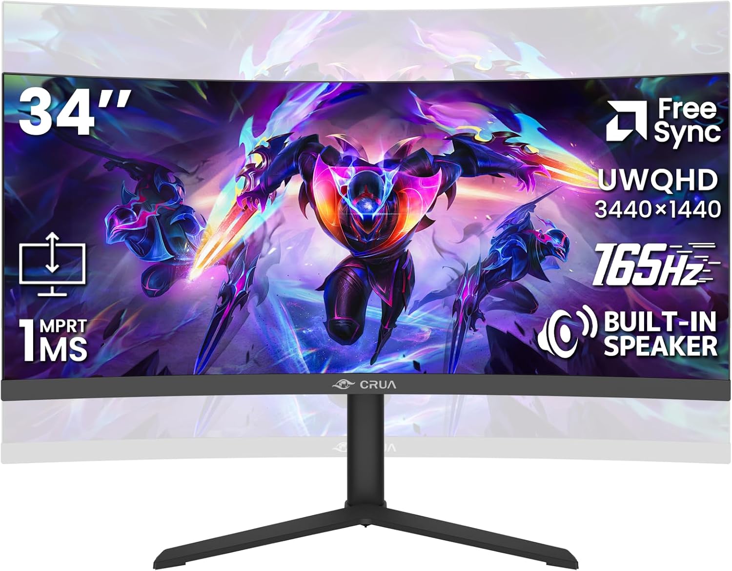 CRUA 34" Curved Gaming Monitor, 165Hz WQHD 3440x1440 UltraWide 21:9 VA, 3800R, 120% sRGB, AMD FreeSync, Built-in Speakers, Height Adjustable, Wall Mountable PC Monitor for Gaming, Streaming & Work