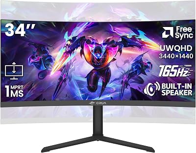 CRUA 34" Curved Gaming Monitor, 165Hz WQHD 3440x1440 UltraWide 21:9 VA, 3800R, 120% sRGB, AMD FreeSync, Built-in Speakers, Height Adjustable, Wall Mountable PC Monitor for Gaming, Streaming & Work