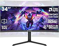 CRUA Monitor curvo para jogos de 86.4 cm, WQHD 165Hz 3440x1440 UltraWide 21:9 VA, 3800R, 120% sRGB, AMD FreeSync, alto-falantes embutidos, altura ajustável, monitor de PC montável na parede para jogos