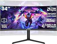CRUA Monitor curvo para jogos de 86.4 cm, WQHD 165Hz 3440x1440 UltraWide 21:9 VA, 3800R, 120% sRGB, AMD FreeSync, alto-falantes embutidos, altura ajustável, monitor de PC montável na parede para jogos