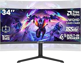 CRUA Monitor curvo para jogos de 86.4 cm, WQHD 165Hz 3440x1440 UltraWide 21:9 VA, 3800R, 120% sRGB, AMD FreeSync, alto-falantes embutidos, altura ajustável, monitor de PC montável na parede para jogos