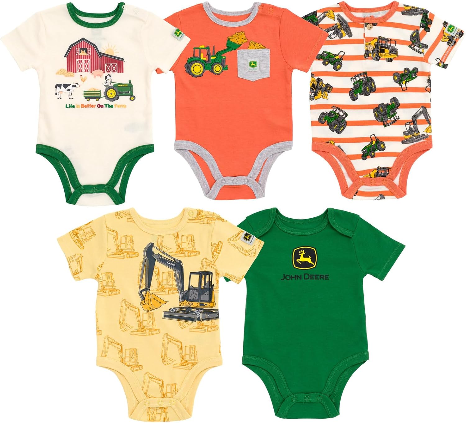 John Deere Farm Animals Tractor Truck Baby 5 Pack Short Sleeve Bodysuits Newborn to Infant Sizes (Newborn - 24 Months)