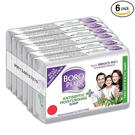 BoroPlus Antiseptic and Moisturising Bathing Soap with Aloe Vera, Neem and Tulsi | 99.9% Germ and Virus Protection | For Smooth, Soft & Nourished Skin, 125g (Pack of 6)