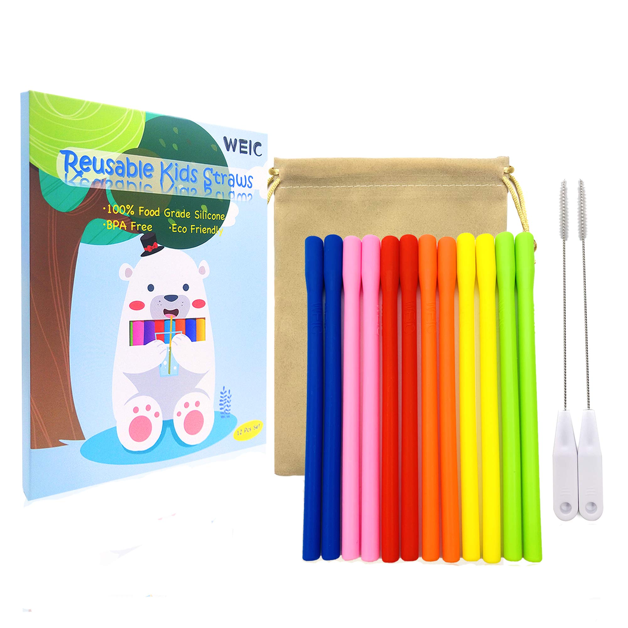 Desheng Drinking Straws - Kids Reusable Silicone Straws for take and toss Cups with Cleaning Brush(BPA Free,Short,Narrow,Assorted,Pack of 12)