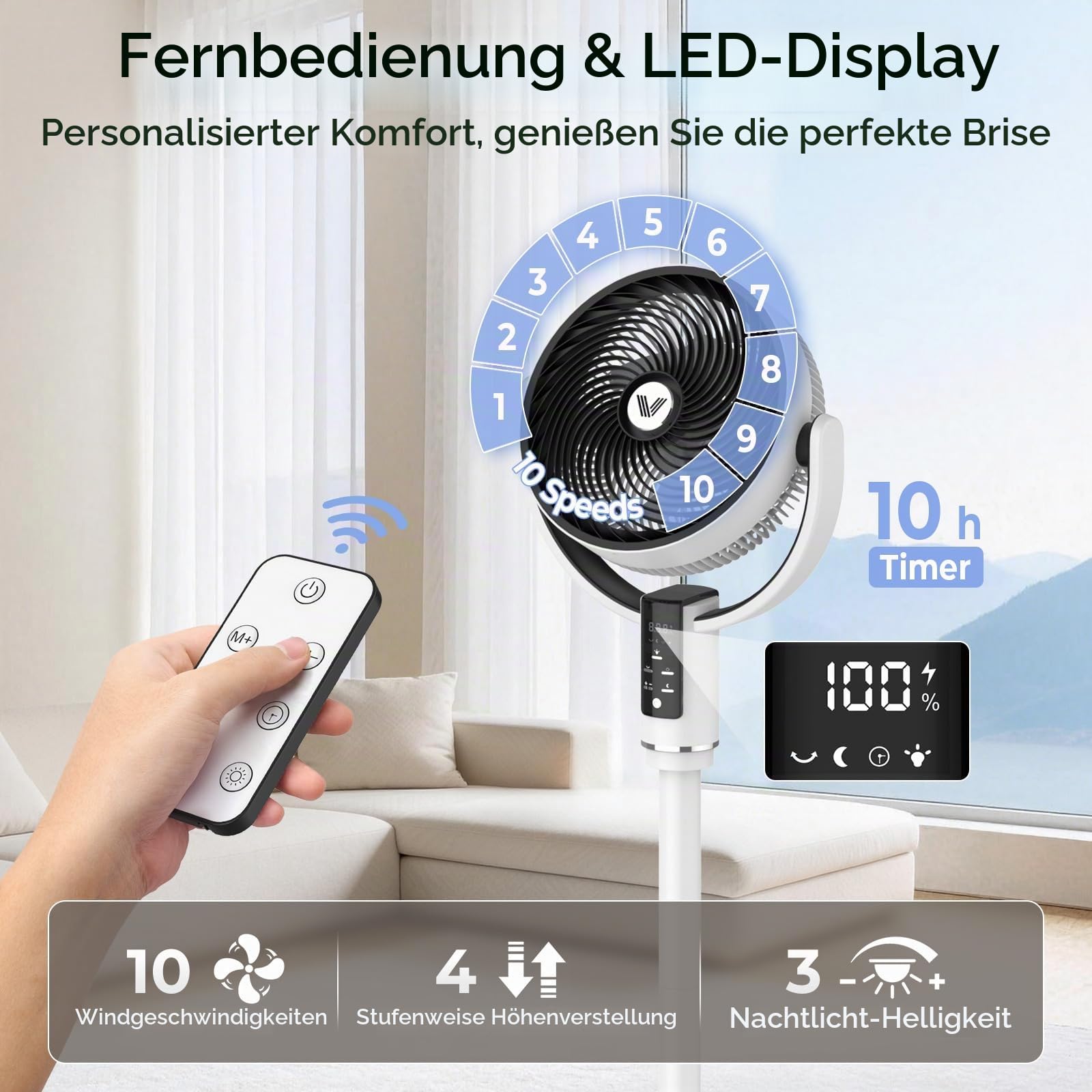 IERAKOR Standventilator Leise, 4 in 1 Ventilator mit DC-Motor | 4 In 1 Höhenverstellbar, DC Motor, 10 Stufen, 90° Oszillation, Nachtlicht Und Aromatherapie, Fernbedienung, 10H Timer