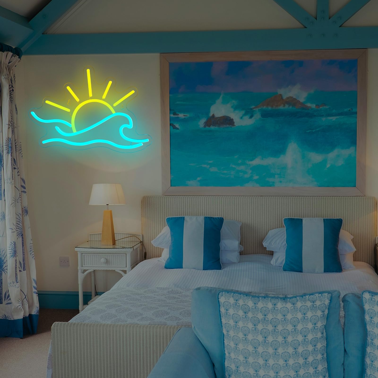 Panneau néon tropical avec lever de soleil dimmable, arbre de palme, lumière néon USB, cocotier côtier, néon LED, impression UV, mer, plage, art mural, panneaux lumineux pour la maison, bar, fête sur