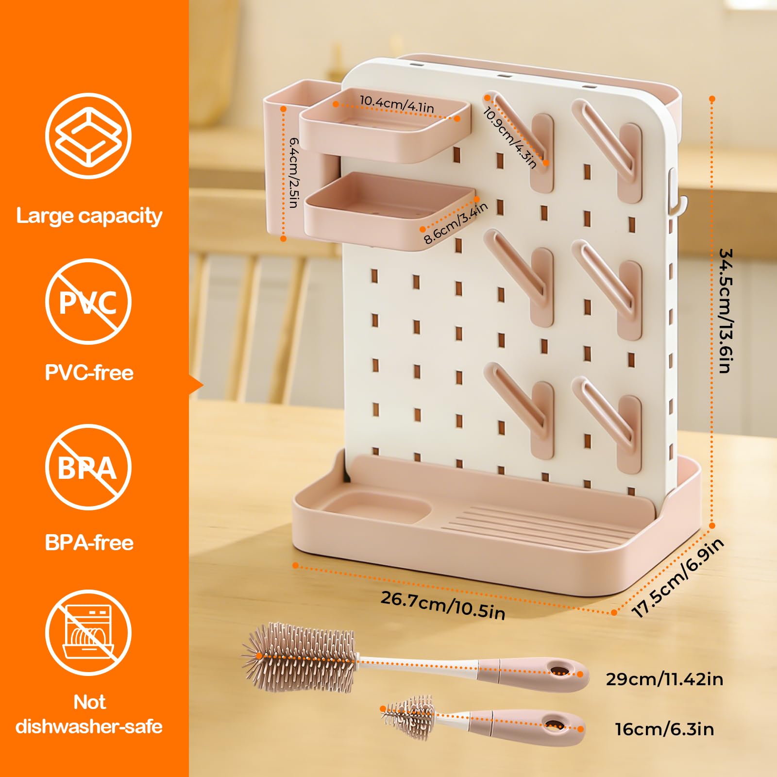 auvstar Trockenständer Babyflaschen mit Flaschenbürsten Set,Abtropfgestell Flaschen Baby,Platzsparender Flaschentrockner Baby,Babyflaschenhalter Trockengestell mit Abtropfschale,BPA Frei (Rosa)