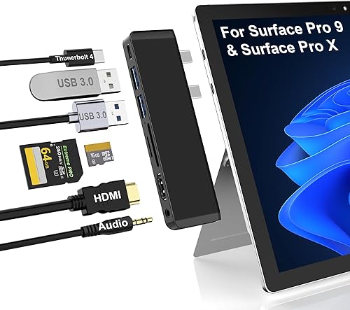 Surface Pro 9 Hub Docking Station con 4K HDMI, USB-C Thunderbolt 4 (video de 8K a 30 Hz + datos 40G + PD), 2 USB 3.0, ranura para tarjeta SDTF,