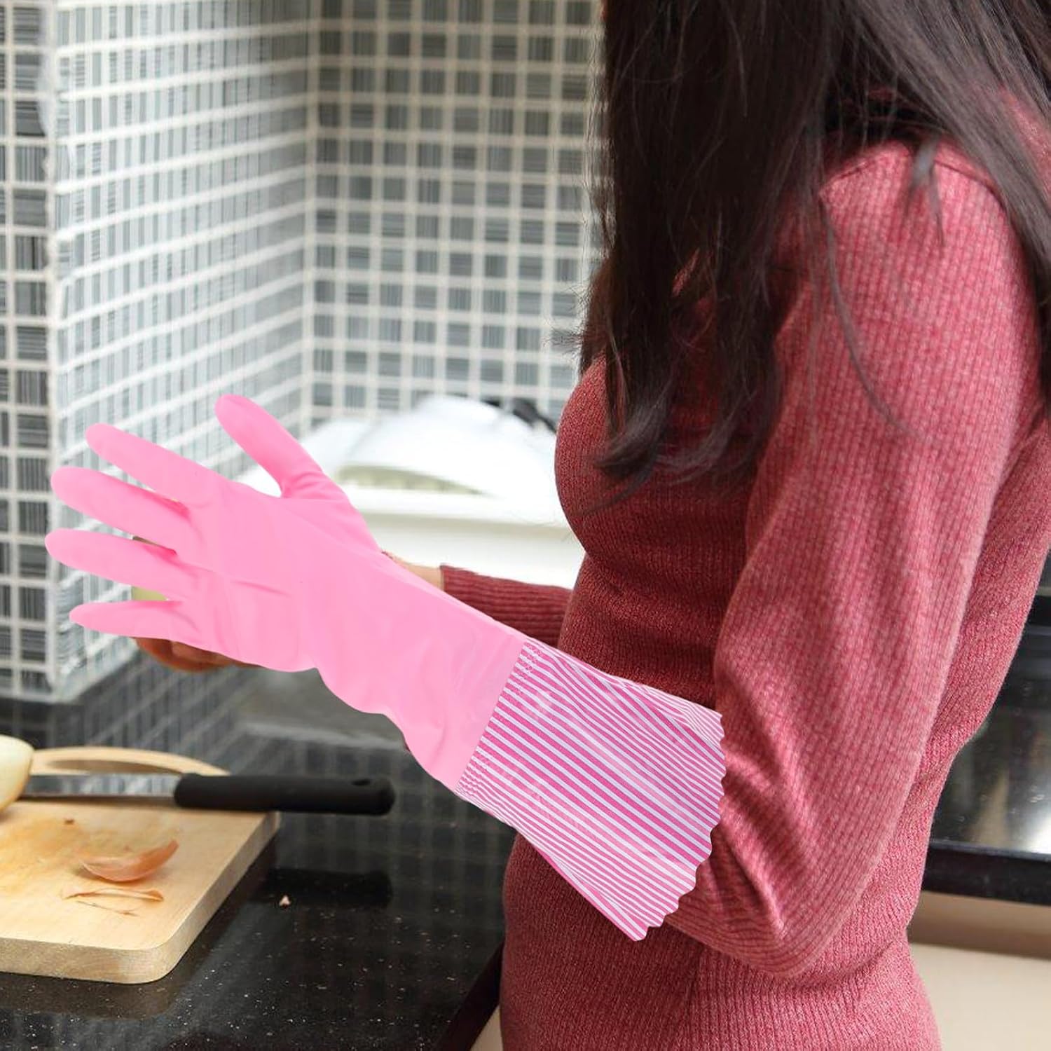 3 Pairs Waterproof Kitchen Gloves Thickened Latex Cleaning Gloves with Flocked Lining Long Cuff for Household Cleaning Random Color