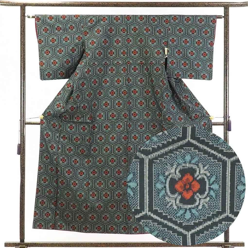 小紋 大島紬 証紙付き 破線 変わり縦縞 純泥染 横縞 着物 053a p