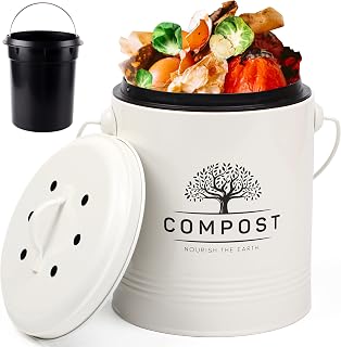 PERFNIQUE 1.3 Gallon Cream Kitchen Compost Bin Countertop with Lid, Charcoal Filter & Inner Bucket - Farmhouse Odor-Free Design