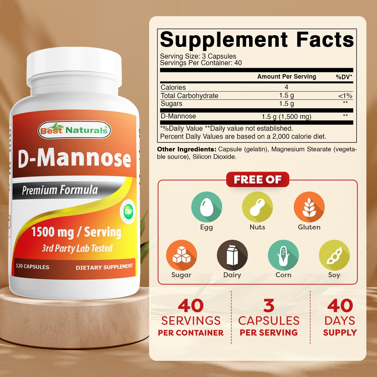 Best Naturals D-Mannose Capsules - Urinary Tract Cleanse Supplement 1500mg/Serving - 120 Count — Amazon image 2