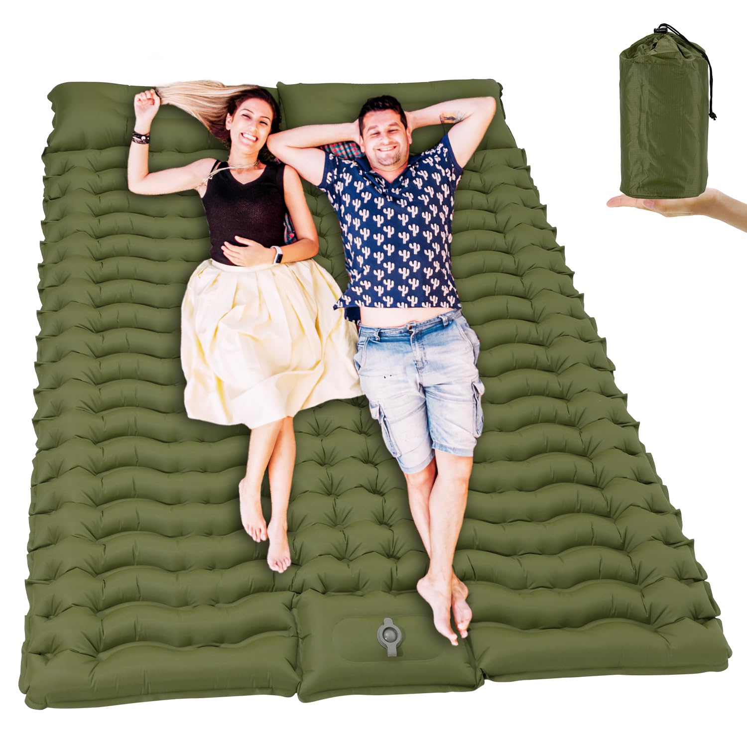 Double Camping Sleeping Pad with Built-in Foot Pump, Inflatable Thick Camping Mat 2 Person Air Mattress with Pillow for Hiking, Backpacking, Tent