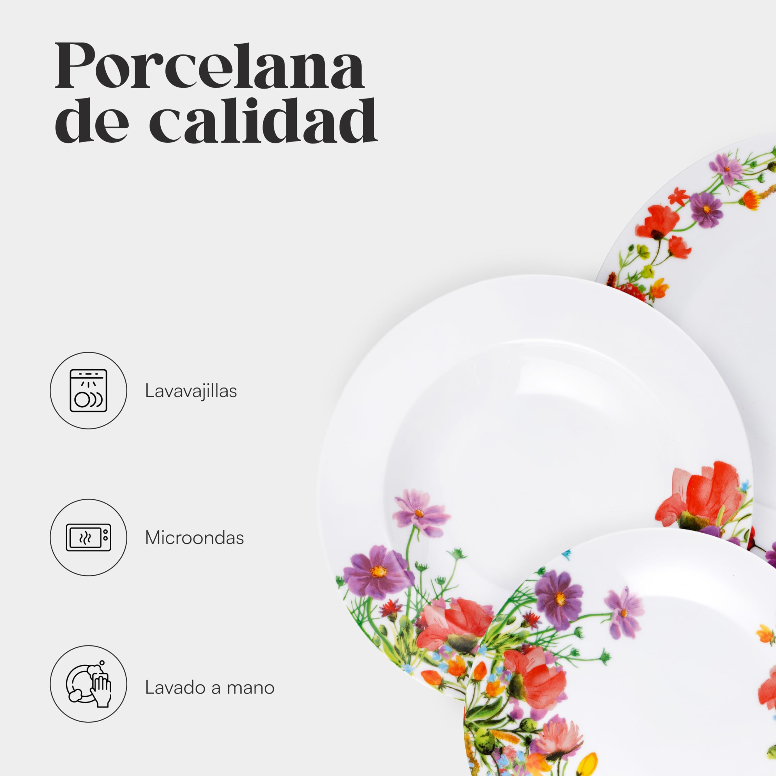 Baroni Home Vajilla de Porcelana y Gres de 18 Piezas, Vajilla de Color para 6 Personas, Plato Hondo, Plato Llano, Fruta o Postre, Amapolas