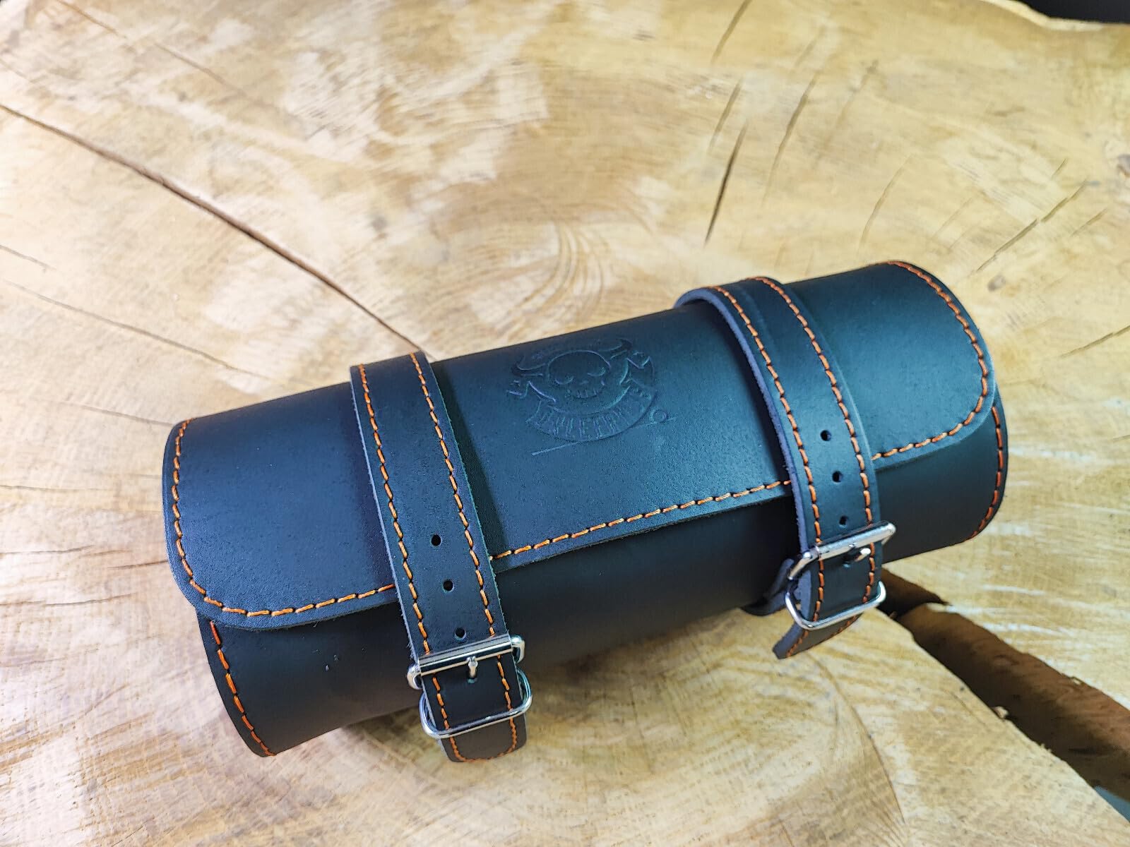 Tool Orange Werkzeugrolle kompatibel mit Harley Davidson Chopper Reisekoffer Lederrolle Werkzeugrolle Hot Rod HD Koffer Sissybar Gepäckrolle Motorradkoffer schwarz