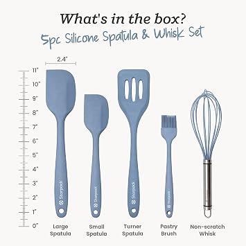 Starpack Flip and Whip Silicone Baking Utensils Set (5-Piece) - LFGB Non Toxic, 600F Heat Resistant, BPA-Free - Whisk and Rubber Spatula Set with Pastry Brush - Dishwasher Safe, Nonstick Light Blue