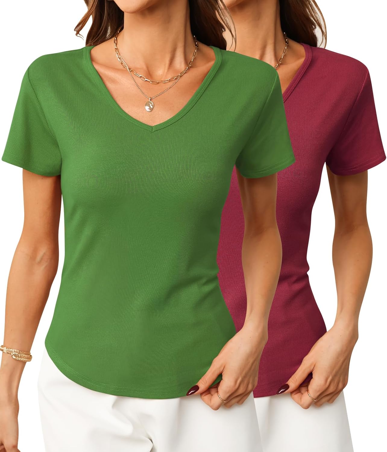 Summer V Neck T Shirts for Women Going Out Tops Casual Short Sleeve Ribbed Trendy Tops 2 Pack