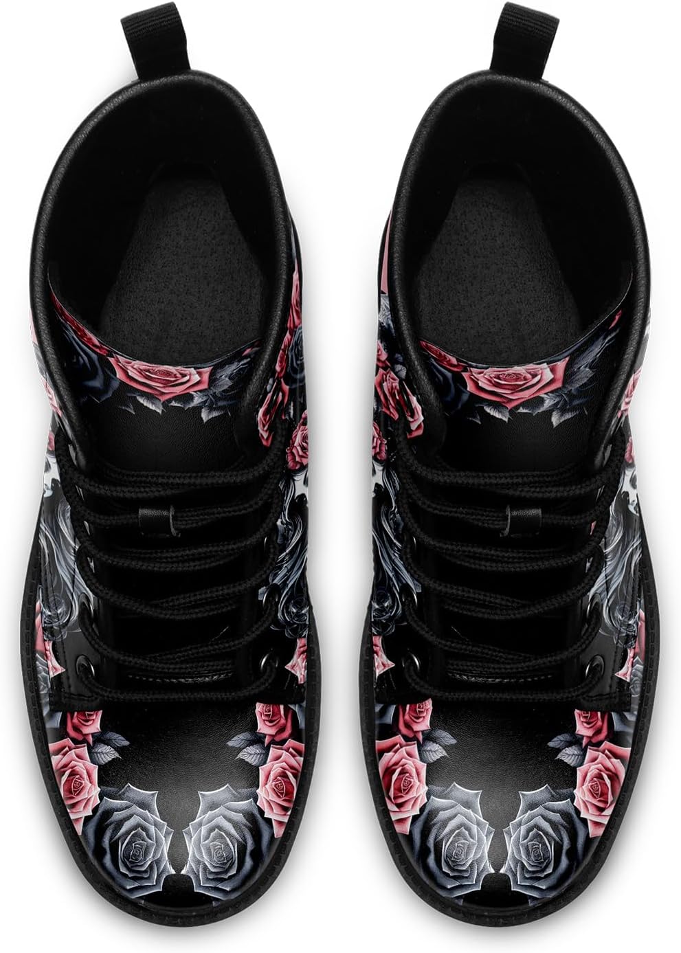 Women's Combat Ankle Boots, Heart Print Fashion Short Booties Rose and Skull Durable Lace-Up Work Boots, Gift For Her Lover - Image 5