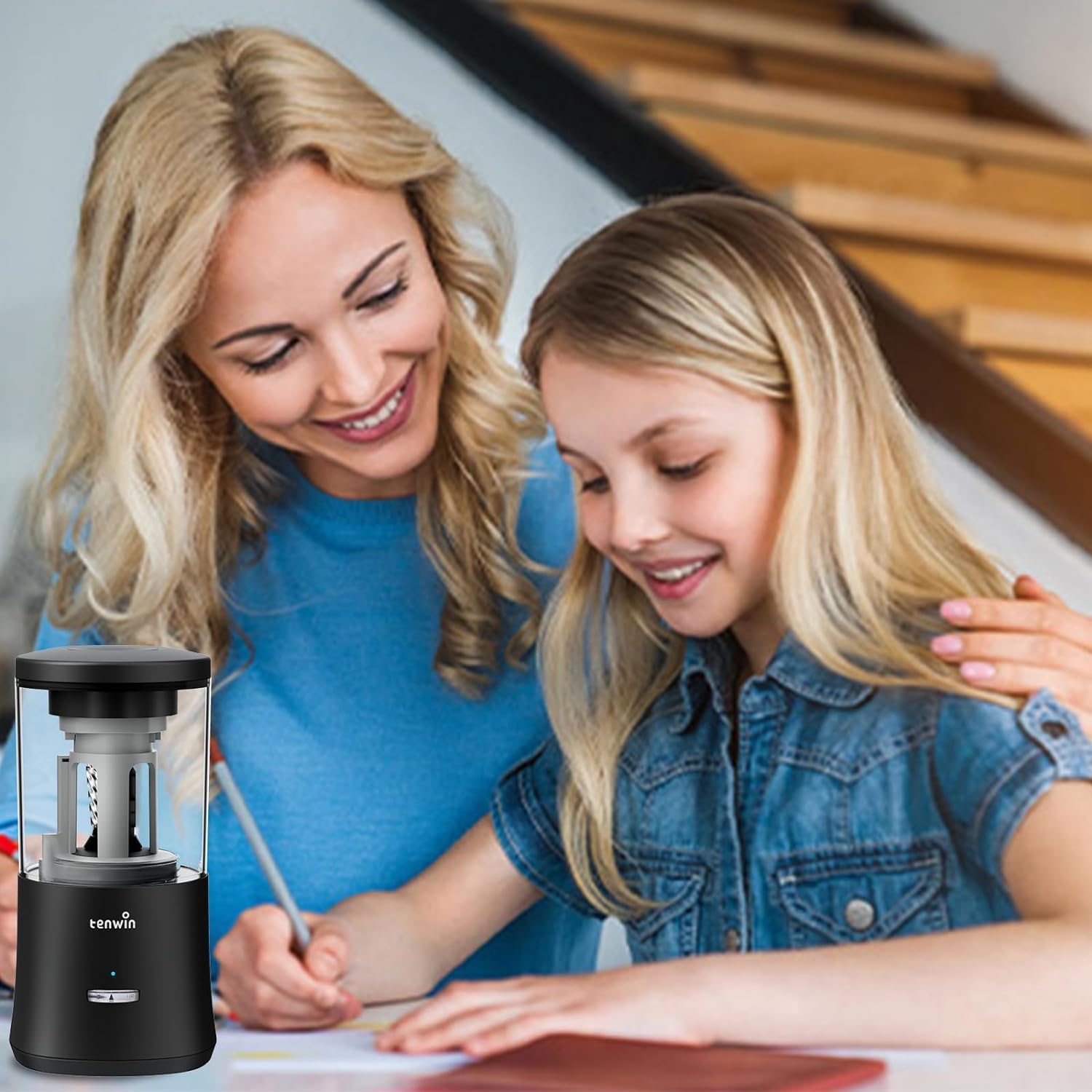tenwin Electric Pencil Sharpener, Fully Automatic Pencil Sharpener for 6-8mm Colored Pencils, Hands-Free Rechargeable Sharpener, Fast Sharpening, No Uneven Tips, Also for Short Pencils, Black