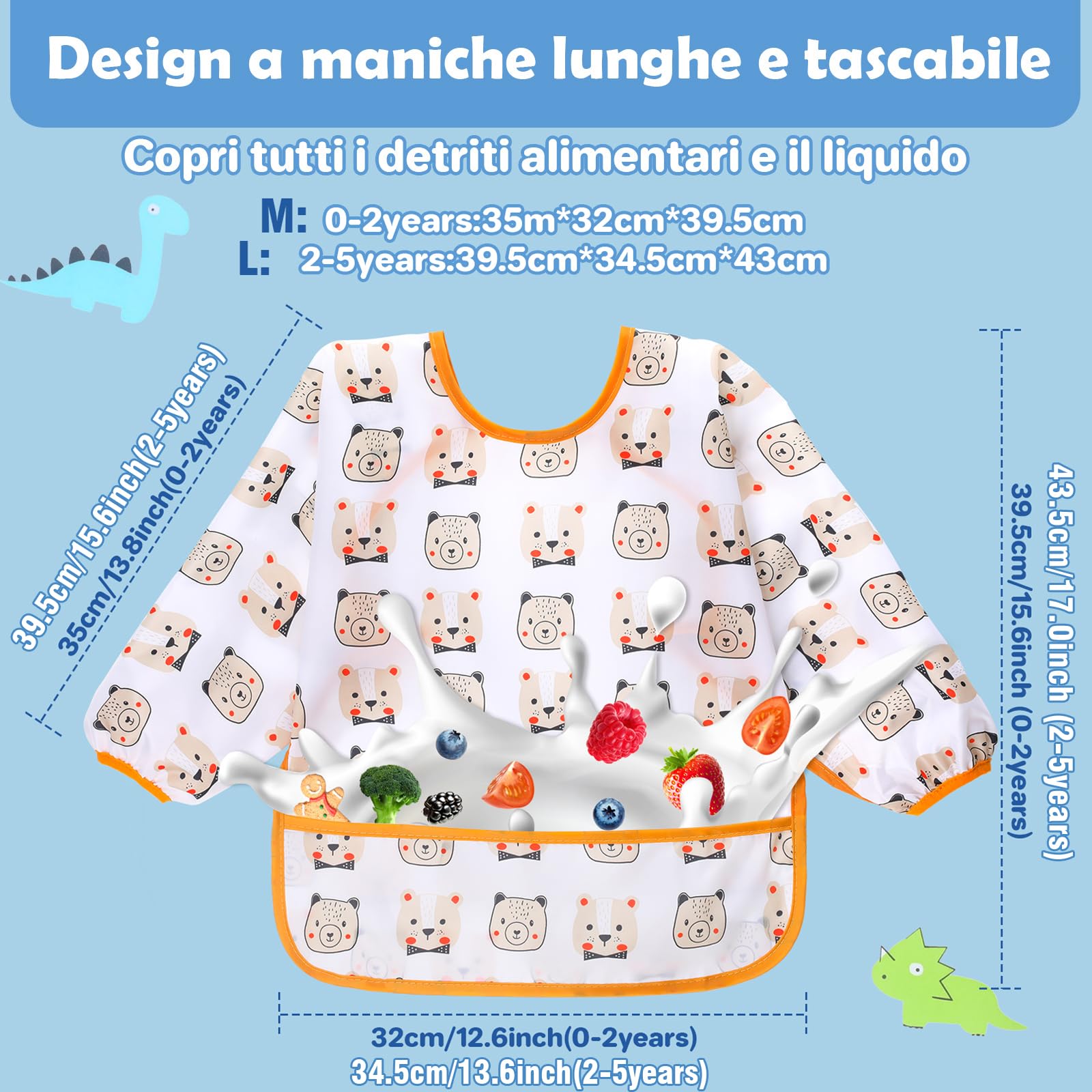 Lictin 5 pezzi Bavaglino a Manica Lunga - Bavaglino Impermeabile Unisex per Bambini Piccoli Da 2 anni a 5 anni bambino,Orso, cactus, renne, fenicotteri, dinosauri Design(L)