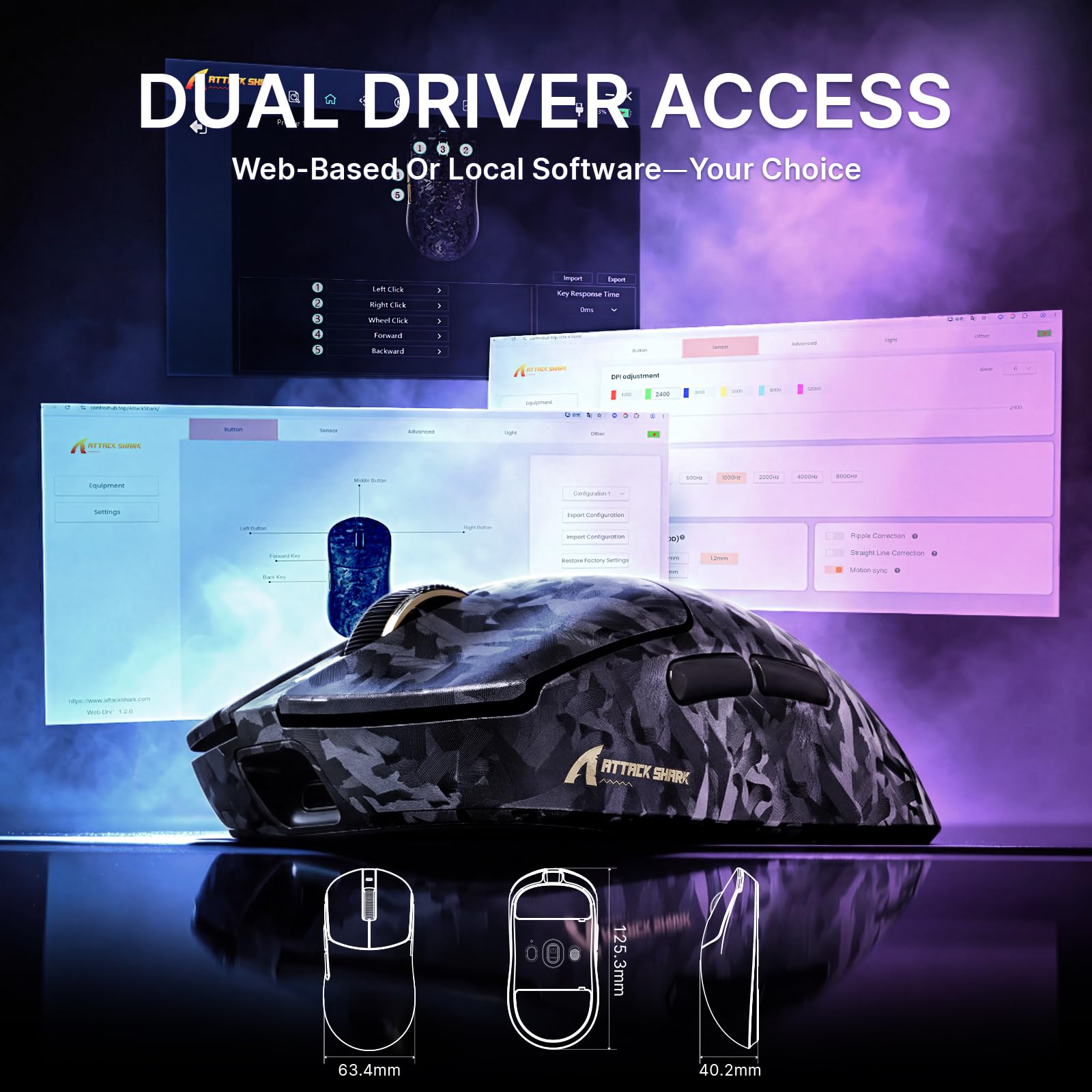 ATTACK SHARK RS3 ULTRA Mouse Gaming Senza Fili, Sensore PAW3955MAX, Chip Nordic 54L15, Fibra di Carbonio, 8K Hz Polling, 52K DPI, Ultra Leggero 63g, BT/2.4G/Cablato, per Pro Gamer, Nero