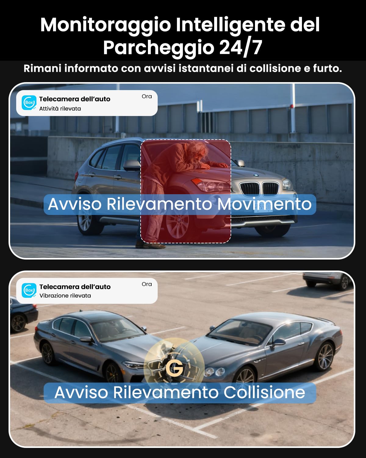 Dash Cam Auto 4G LTE con SIM, Telecamera Auto Atti Vandalici, Parcheggio 24/7, Allerte Istantanei, Live-Video & Audio Bidirezionale, GPS, Cloud & SD, Visione Notturna, Anti-Furto per Flotte & Famiglie